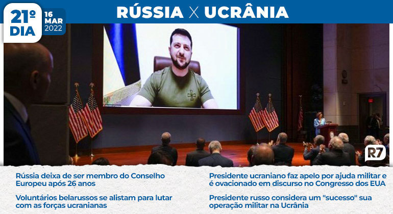 Presidente ucraniano faz apelo por ajuda militar e é ovacionado em discurso no Congresso dos EUA, dia em que a Rússia deixa de ser membro do Conselho Europeu após 26 anos e que é anunciado que voluntários belarussos se alistam para lutar com as forças ucranianas
