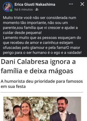 Prima de Calabresa fez a seguinte postagem usando nota publicada aqui no blog