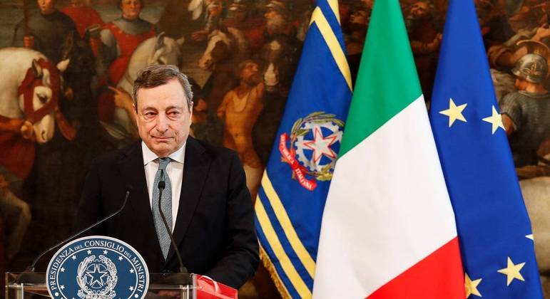 O primeiro-ministro da Itália, Mario Draghi, em discurso