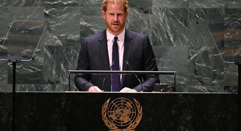 Príncipe Harry durante discurso na sede da ONU, em Nova York