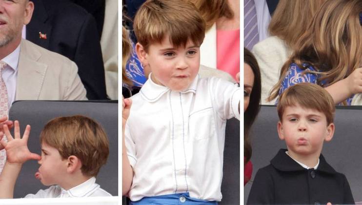 O filho mais novo do príncipe William e da duquesa Kate, o príncipe Louis, de 4 anos, tornou-se novamente o centro das atenções de fotógrafos neste domingo (5), durante o último dia de celebrações do Jubileu de Platina da rainha Elizabeth 2ª, em comemoração dos 70 anos da soberana no trono. Em diversas ocasiões, o bisneto da monarca aparece com caras e bocas engraçadas