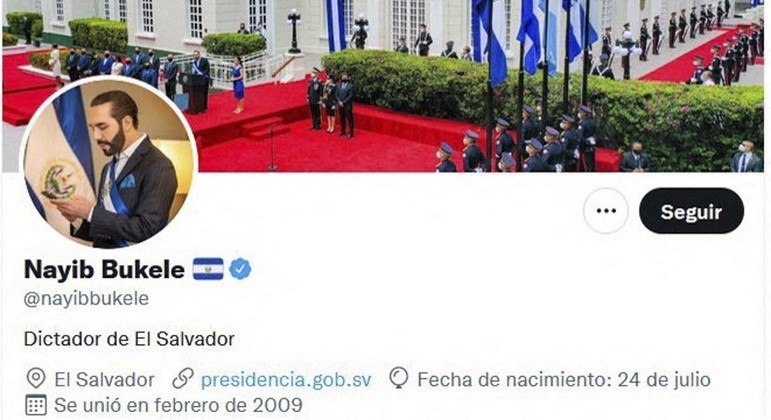 Bio do Twitter de Nayib Bukele diz que ele é o ditador de El Salvador