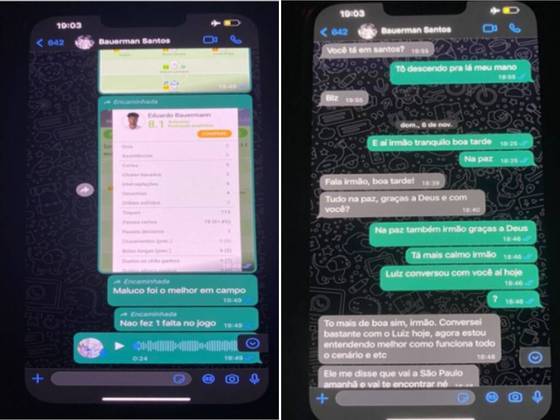 Em mais prints, Romarinho mostra desempenho do zagueiro, e Bauermann revela conversa com o outro intermediador, Luis Felipe Rodrigues de Castro