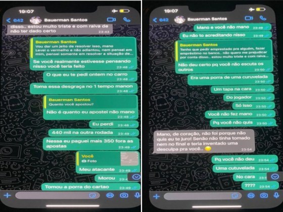 Exaltado, o intermediador reclama com Bauermann por não ter tomado um cartão vermelho ainda dentro de campo, como era combinado. O defensor do Santos realmente foi expulso, porém ao final da partida, o que não contou para a aposta