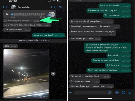 Assim que notaram o descumprimento do acordo por parte do jogador, os apostadores não deixaram passar em branco e foram até a Baixada Santista para 'cobrar' Bauermann. 'Vou mostrar para esse Bauermann como funciona', disse Bruno Lopez para Romarinho