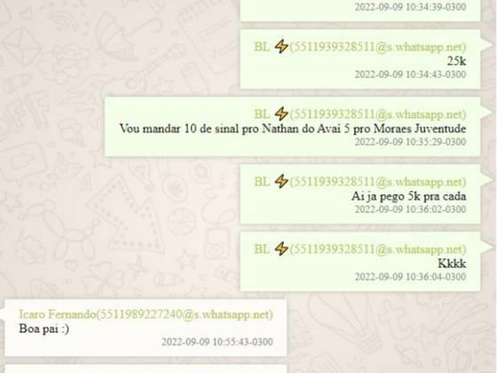 Em capturas de tela resgatadas do grupo de apostadores, Moraes (Juventude) e Nathan (Fluminense) são citados nominalmente e com os valores que receberiam eventualmente como 'sinal' do acordo