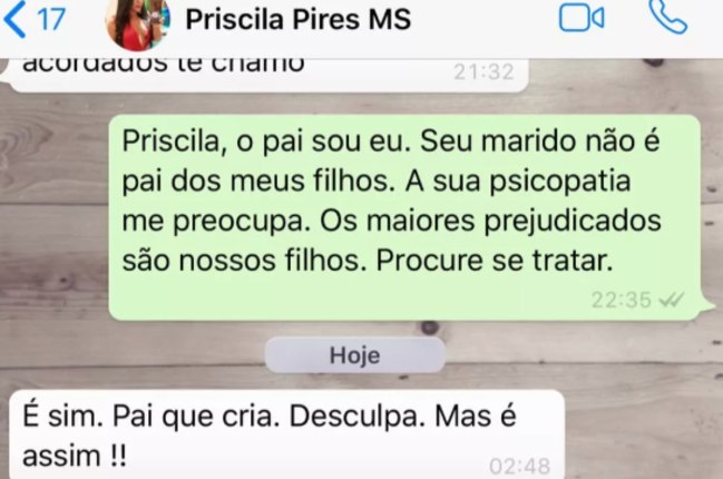 Print mostra Bruno acusando Priscila de ser psicopata