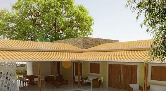 projeto de casa em l com piscina e varanda