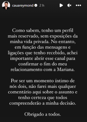 Pronunciamento Cauã Reymond sobre término com Mariana Goldfarb