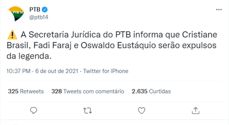 PTB anuncia expulsão da ex-deputada  Cristiane Brasil, além de Fadi Faraj e Oswaldo Eustáquio