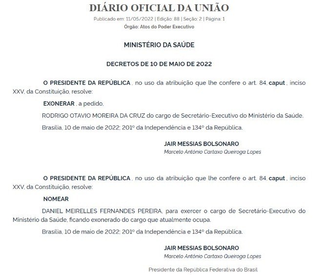 Publicação do Diário Oficial da União exonerando Rodrigo Cruz