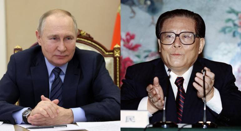 O presidente russo, Vladimir Putin, e o ex-presidente chinês Jiang Zemin