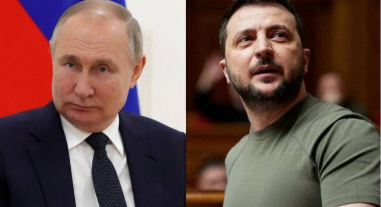 Os presidentes Putin (Rússia) e Zelenski (Ucrânia)