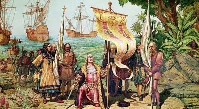 Esta imagem mostra a chegada de Colombo à América em 1492. Hernando o acompanhou em sua quarta e última viagem, em 1502