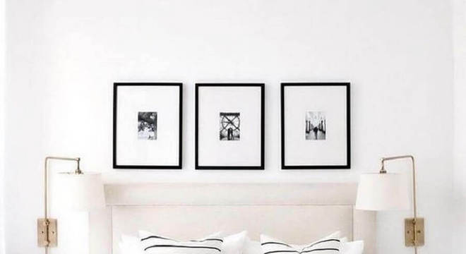 quadro preto e branco para quarto de casal todo branco com arandela de parede