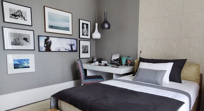quadros decorativos para quarto cinza moderno com revestimento 3D com pendentes branco e preto 