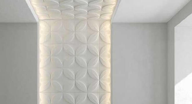 Quarto de casal com parede e teto feito com placa de gesso 3D