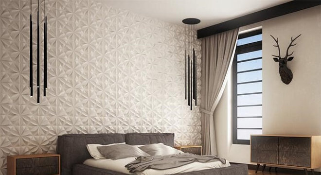 Quarto de casal criativo com parede revestida com placa de gesso 3D
