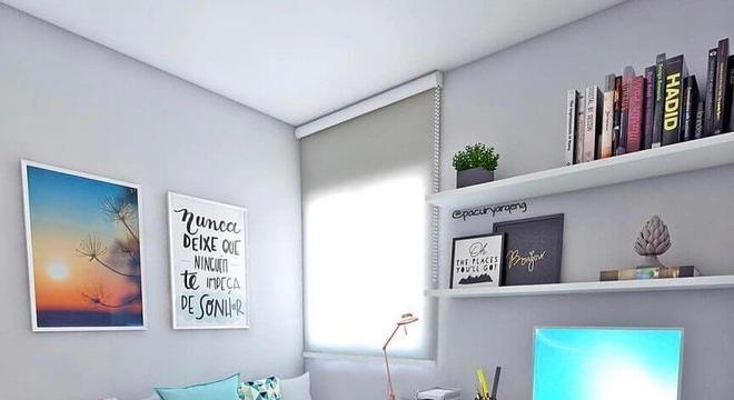 quarto decorado com bancada de estudo e cama box bau solteiro 