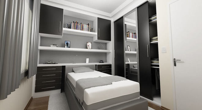 quarto masculino preto e cinza com cama box bau solteiro 