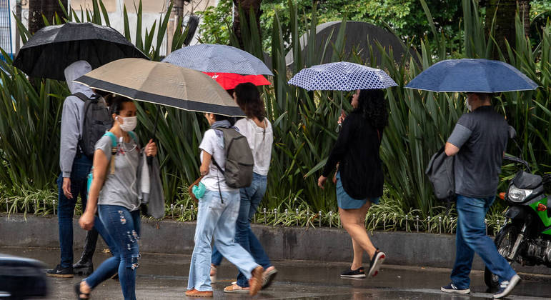 Pedestres com guarda-chuva na avenida Paulista