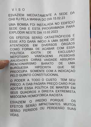 Carta foi encontrada no banheiro da OAB 