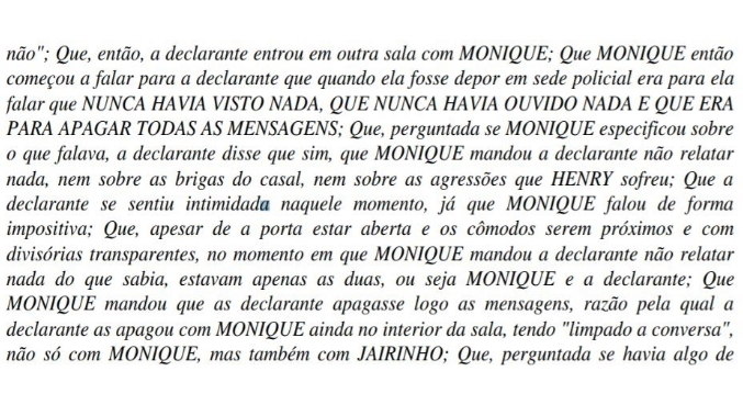 Trecho do depoimento de Thayná à Polícia Civil
