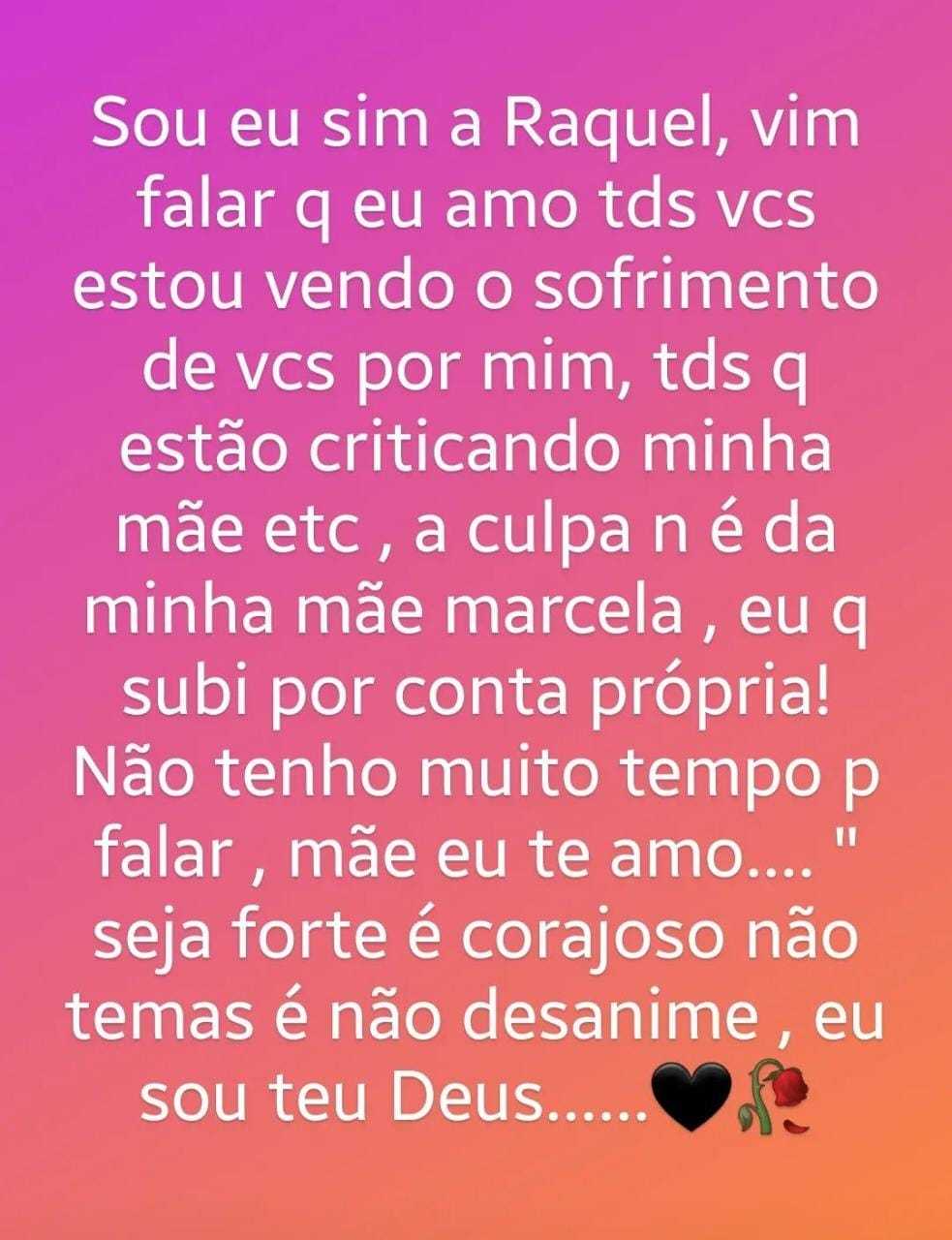 Marcela Portelinha se defendeu com texto publicado no Instagram da filha neste domingo (1º)