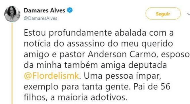 Ministra lamentou a morte do pastor Anderson Carmo