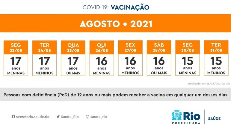 Calendário da última semana de agosto; adolescentes de 17 a 15 anos vão tomar a primeira dose