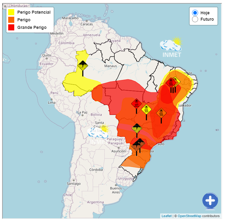 Mapa das áreas com maior risco de chuva no país