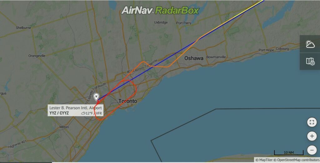Radarbox: rota percorrida pelo A350 da Air France na aproximação oara Toronto