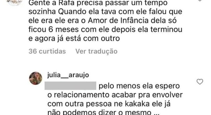 Amiga de Rafa rebateu comentário de internauta e sugeriu traição de Loreto