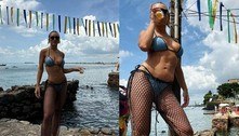 Rafa Kalimann posa com look de praia estiloso e copo de cerveja durante férias na Bahia