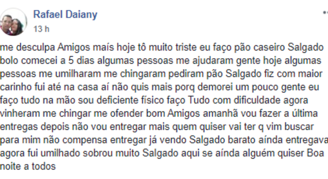 Desabafo de Rafael após cliente recusar a sua entrega dos salgados
