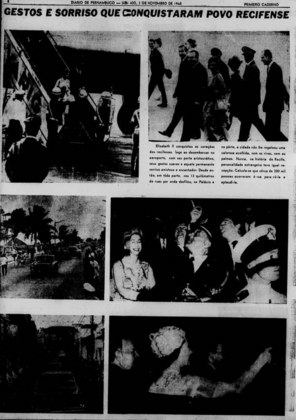 Elizabeth 2ª pousou na cidade de Recife em 1º de novembro de 1968, dando início à primeira visita de um monarca ao Brasil e à América do Sul. Na companhia de seu marido, o príncipe Philip, foi ao Palácio do Campo das Princesas para se reunir com o governador Nilo Coelho. Na cerimônia também estava presente Gilberto Freyre, grande estudioso brasileiro