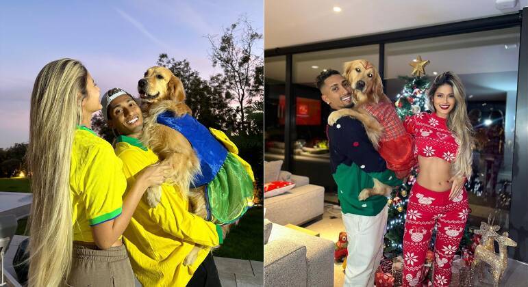 Raphinha e sua mulher, Natalia Rodrigues Belloli, sempre compartilham os momentos que têm com a cachorra Chanel