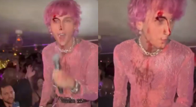 Machine Gun Kelly estourou uma taça de espumante no próprio rosto