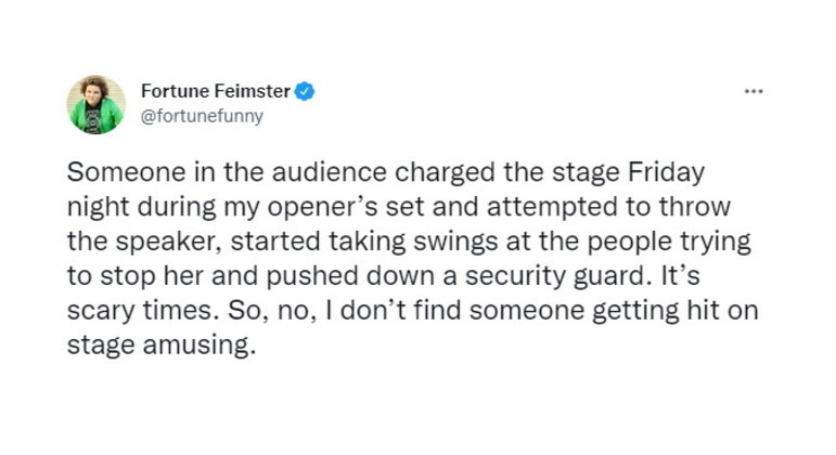 A comediante e atriz Fortune Feimster contou sobre um caso de agressão que presenciou em um de seus shows para comentar a polêmica da noite: 
