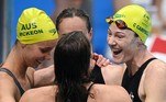 Australia's Emma Mckeon, Australia's Bronte Campbell, Australia's Cate Campbell, and Australia's Meg Harris celebrate after winning the final of the women's 4x100m freestyle relay swimming event during the Tokyo 2020 Olympic Games at the Tokyo Aquatics Centre in Tokyo on July 25, 2021.
Odd ANDERSEN / AFP