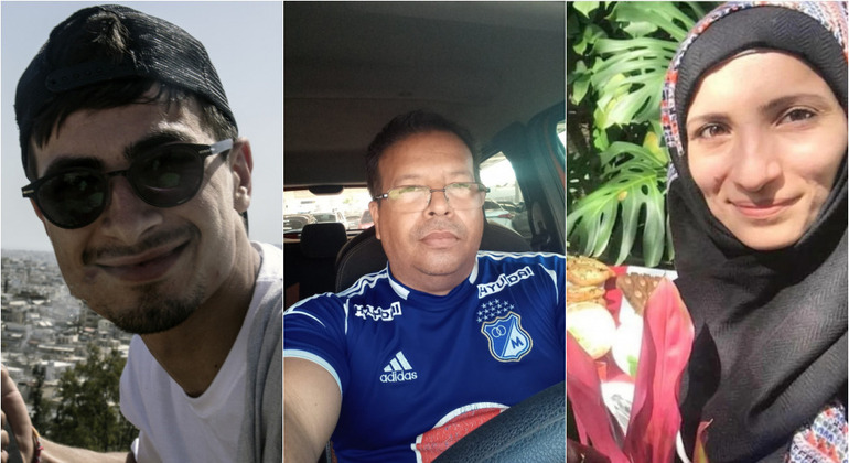 O afegão Kazem Ahmad (à esq.), o venezuelano Juan Kirpa e a síria Razan Suliman
