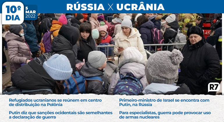 Refugiados ucranianos se reúnem no centro de distribuição de Korczowa, na Polônia. No décimo dia de conflitos, especialistas chamam a atenção para a possibilidade de a guerra provocar o uso de armas nucleares; e o presidente Russo, Vladimir Putin, diz que sanções ocidentais são semelhantes a declarações de guerra