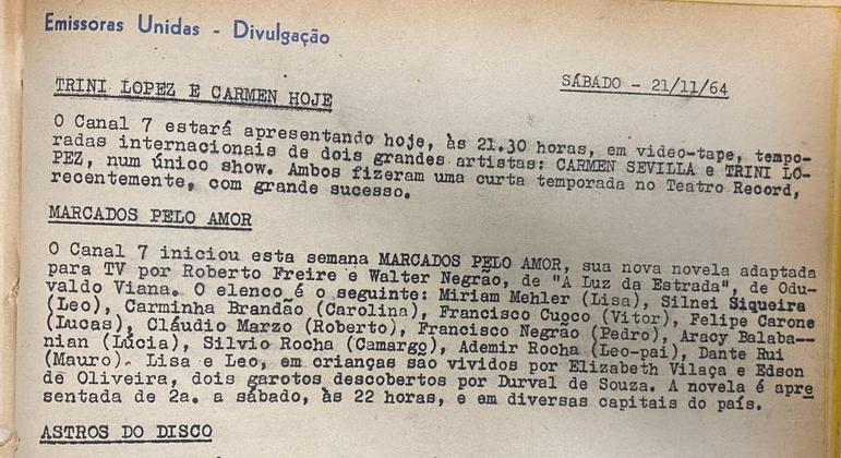 Registro da divulgação da novela 'Marcados pelo Amor', em 1964
