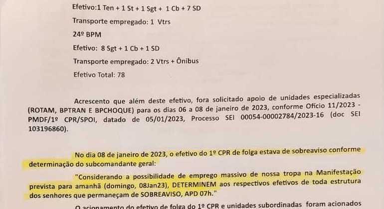 Trecho de relatório da PMDF sobre os atos de 8 de janeiro em Brasília