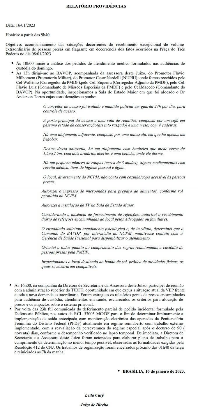 Relatório de inspeção judicial à sala onde está preso Anderson Torres