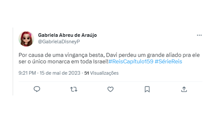 Já essa internauta se preocupou com o futuro de Davi em Israel, já que a vingança de Joabe e Abisai o fez perder um aliado