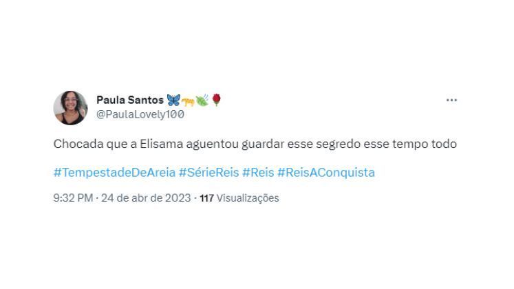 Outro momento que chamou a atenção nas redes foi a morte de Elisama (Martha Meola). Antes de partir, a personagem revelou que sabia do envolvimento de seu marido, Aitofel (Marcos Winter), com Dalía (Adriana Rabelo) — e também da filha que o ancião teve fora do casamento, Arrava 