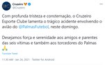 Cruzeiro publicou no Twitter: 'Com profunda tristeza e consternação, o Cruzeiro Esporte Clube lamenta o trágico acidente envolvendo o avião do @PalmasFutebol, neste domingo.

Desejamos força e serenidade aos amigos e parentes das seis vítimas e também aos torcedores do Palmas'