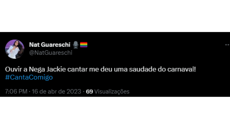 E a juralinda Nat Guareschi mostrou que também estava acompanhando o episódio e revelou que a apresentação de Negra Jackie lhe fez sentir saudade do Carnaval. Alguém mais?