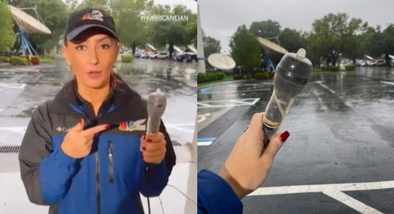 Repórter Kyla Galer usa camisinha para proteger microfone durante furacão